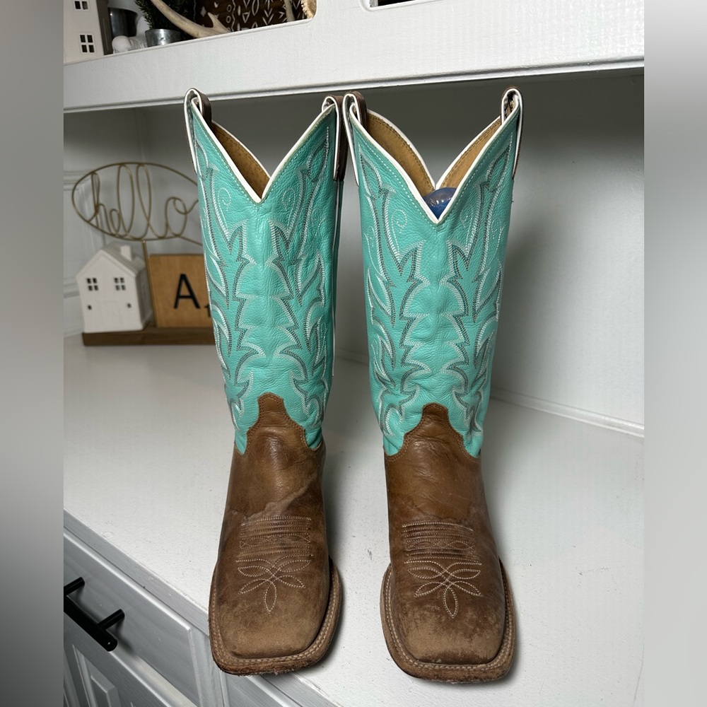 Justin Women’s 8B Cowboy Boots Brown Leather & Turquoise Western Handmade USA - Picture 2 of 9